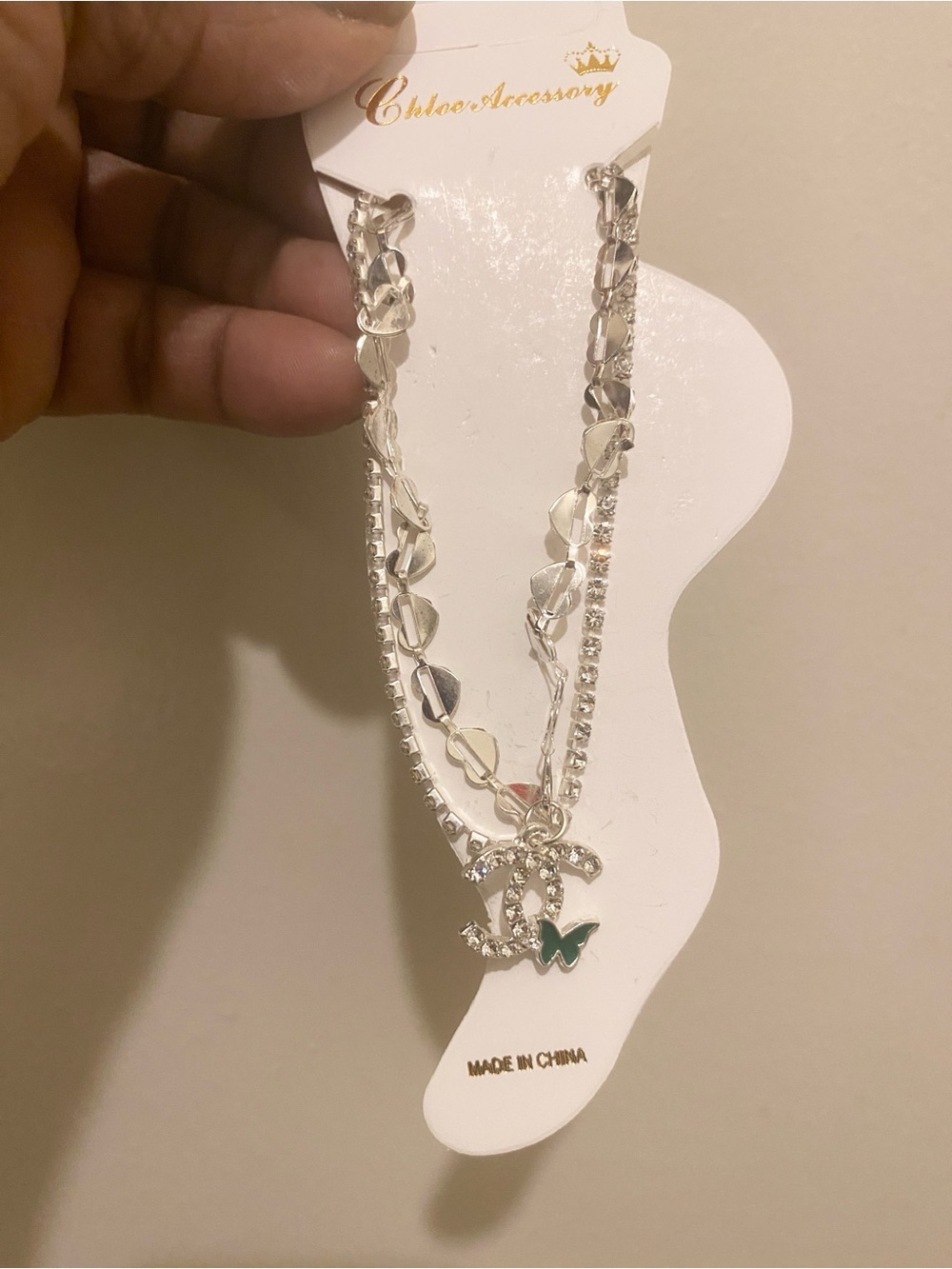 Silver Women’s Fashion Crystal Pendant Anklet with Green logo Accent